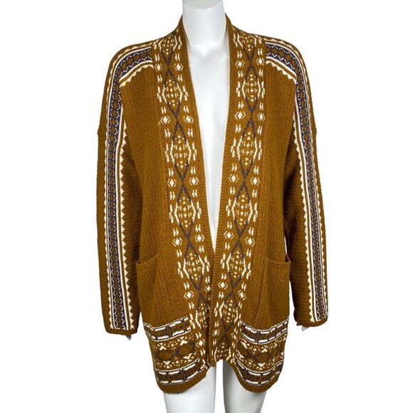 Lucky Brand Long Cardigan Womens Size L Aztec Southwest Boho Brown Ribbed Knit - Picture 1 of 8